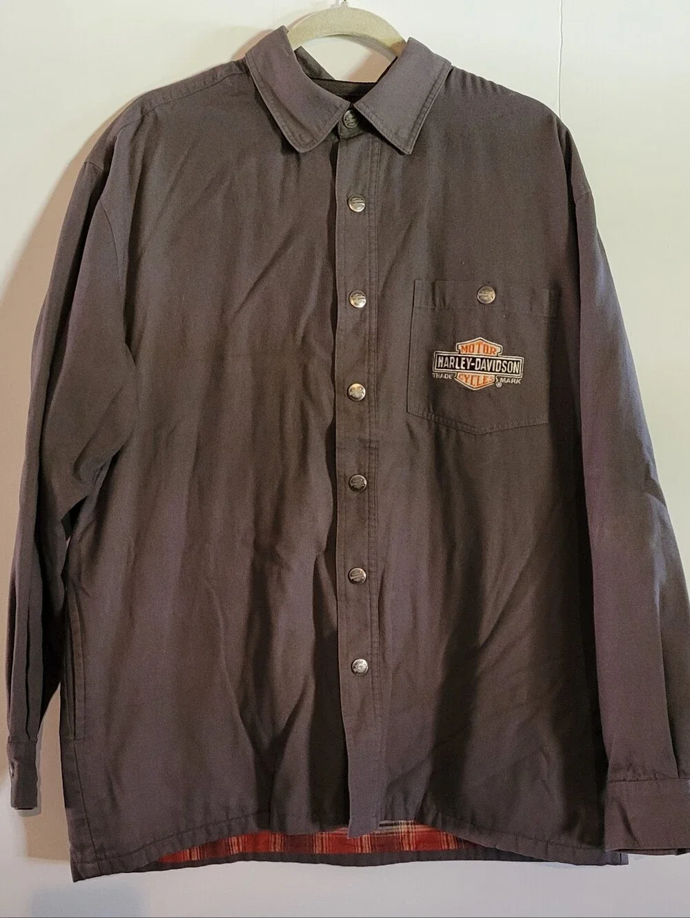 Harley-Davidson Rare 2007 Canvas Shacket Shirt Jacket Plaid Flannel Lining Biker